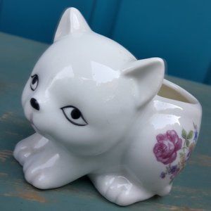 Vintage Ceramic Cat Planter Porcelain Cat Dish Candle Bowl Japan Flowers